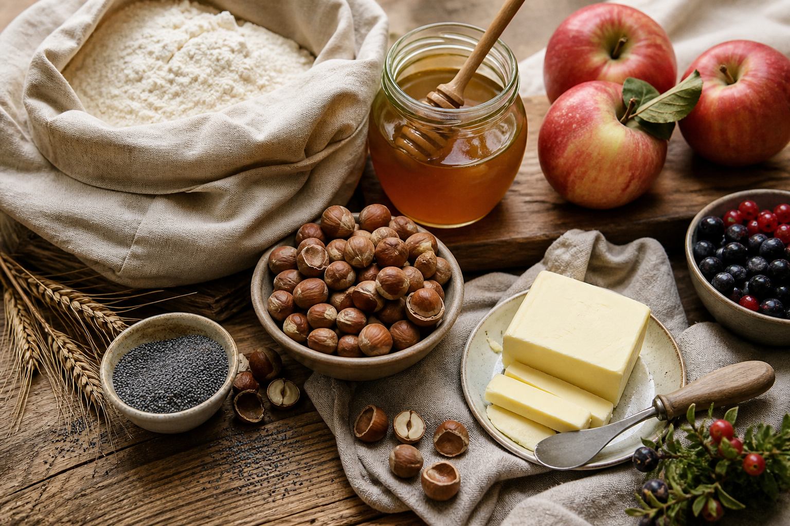 Honig, Haselnüsse, Äpfel, Mehl und Beeren auf Leinen und Holz