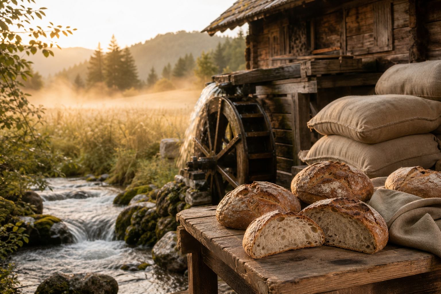 Holzmühle am Gebirgsbach mit frischem Brot und Getreidesäcken im Morgenlicht