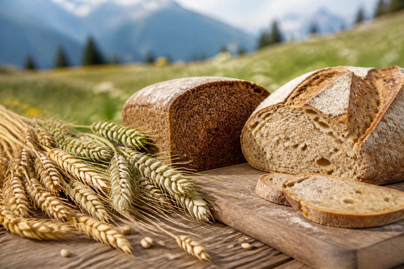 Roggen- und Dinkelähren neben dunklem und hellem Brotlaib