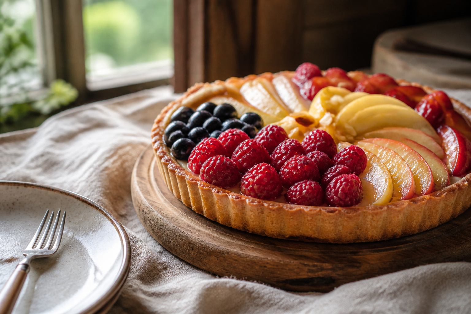 Saisonale Tarte mit Beeren und Äpfeln auf Leinentuch
