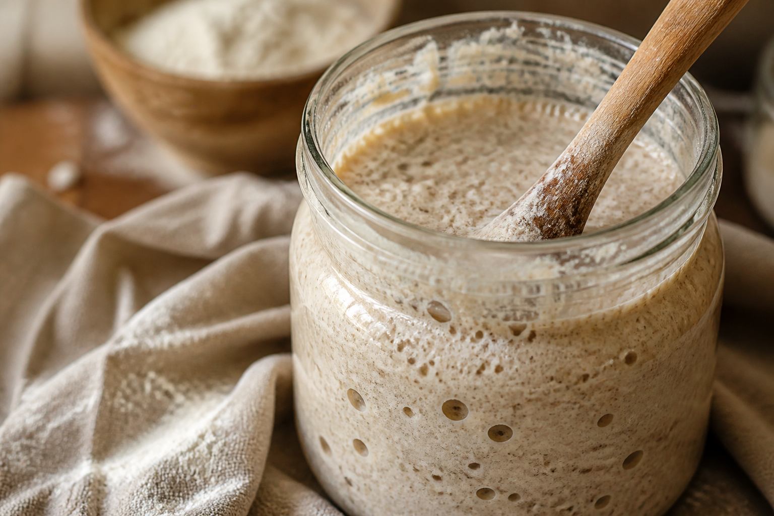 Blubbernder Sauerteig in Glasschüssel mit Holzwerkzeug